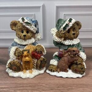 Vintage K's Collection Christmas Teddy Bear Figurines Set of 2 Winter Decor
